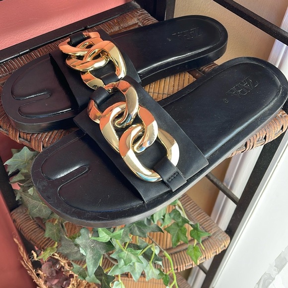 Zara Shoes - Zara Black Sandals with Gold Chain Detail 40